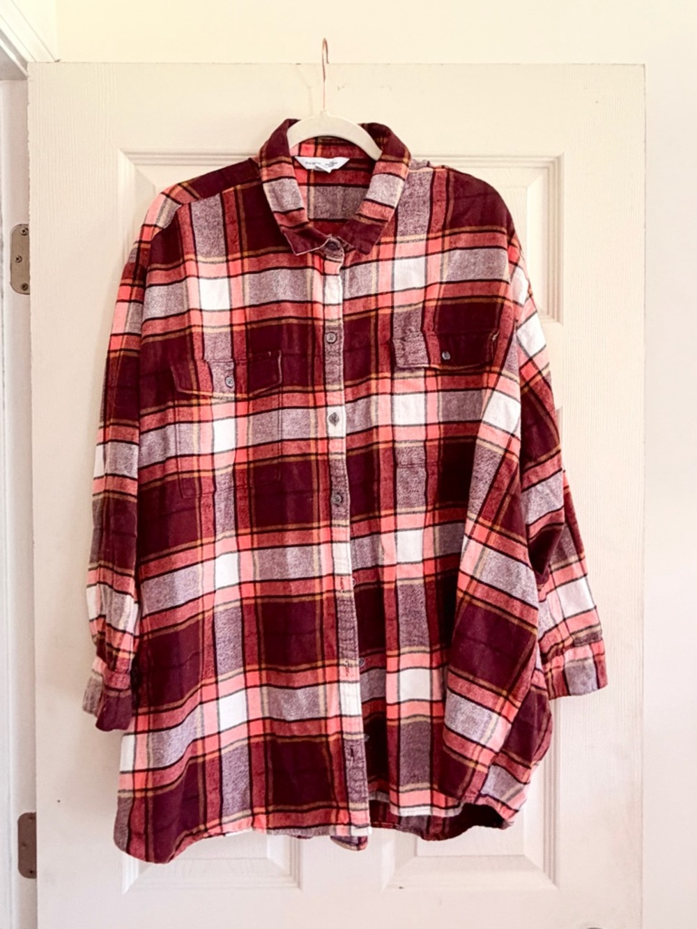 Old Navy Plaid Flannel Button Down Boyfriend Shirt in Red and Orange Tones